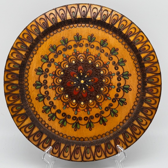 Other - Vintage Polish Folk Art Carved Wood Plate Painted Pyrography Wall Decor 12" Hook